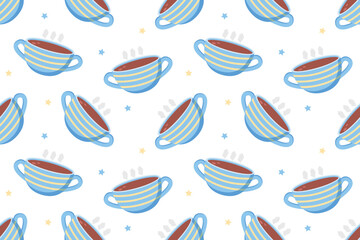 Seamless pattern with blue tea cups, cozy hand drawn tea time background for cafe menu, packaging, textile and wallpaper illustration