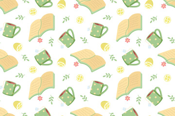 Seamless tea time pattern with cups and book, cozy hand drawn background for cafe menu, packaging, textile, wallpaper and relaxation illustration