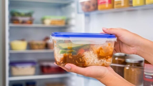 Hands taking meal prep container from refrigerator