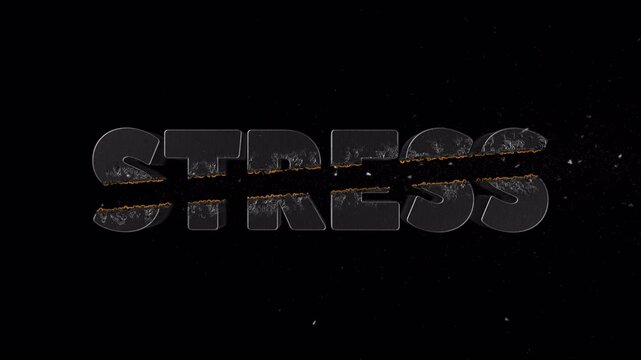 Orange crossfire streak animation slicing through &ldquo;STRESS&rdquo; text with flying particles and glowing melt trail, transparent BG with alpha channel, ideal overlay for health and stress awareness content