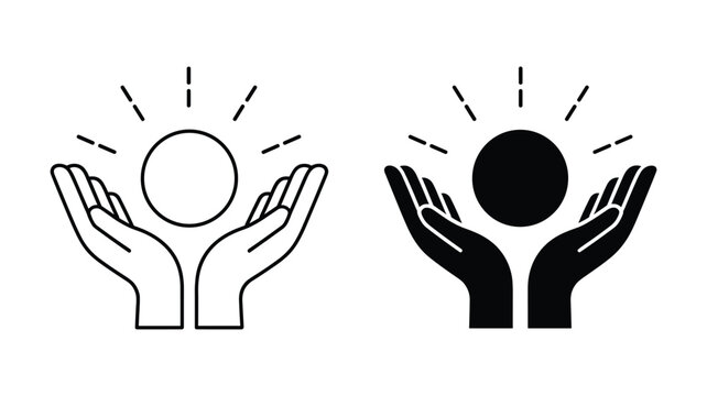 Two hands cupped upwards holding a glowing circle and a solid circle with radiating lines keywords