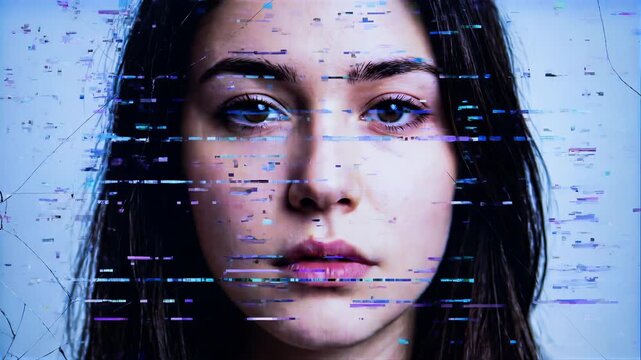 Digital glitch distortion over face of young woman. Close-up of female subject with horizontal data interference and screen artifacts.