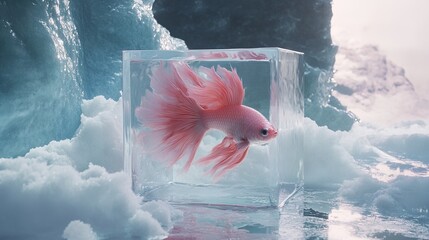 Fluffy pink fish suspended in clear container on snowy surface in a surreal scene