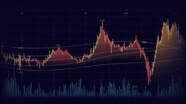 Digital stock market chart on dark grid background, candlestick price graph with trend line, finance data analytics backdrop