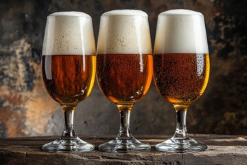 Three glasses of strong beer with rich foam set on a wooden surface showcasing a surreal and interesting arrangement