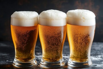 Three glasses of strong beer sit on a table with rich foam in a surreal setting in a dimly lit bar at evening time