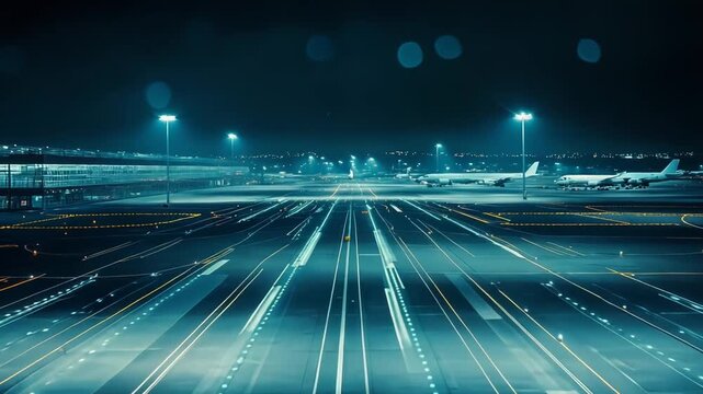 Airport runway at night with long exposure lights creating motion blur, capturing the essence of modern travel, aviation technology, and the dynamic energy of air transportation