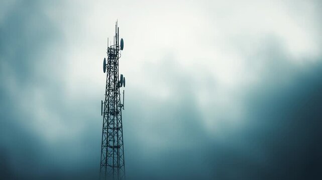 Telecommunication tower silhouette piercing through thick atmospheric clouds and mist, symbolizing connection, remote access, and modern network infrastructure in an uncertain environment