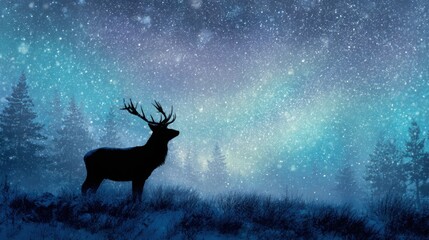 Naklejka premium Silhouette of a majestic stag in snowy forest under a starry night sky.