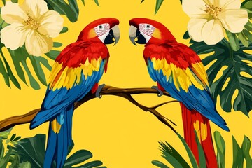 Two bright parrots perched on a branch among tropical leaves and flowers on a yellow background in a pop art style