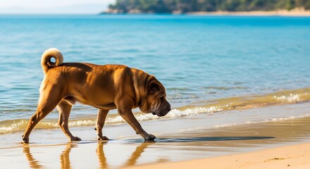 Shar Pei Dog Walking on Sunny Beach Shoreline by Blue Ocean