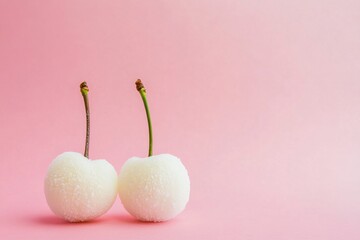 Frozen cherries sit on a pastel pink background for a creative fruit concept display
