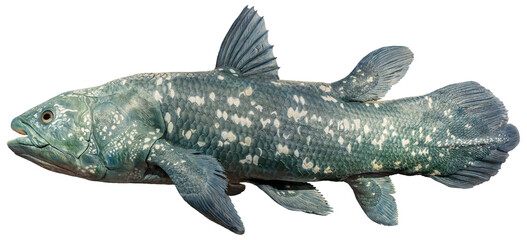 Close-up side view of a West Indian Ocean coelacanth (Latimeria chalumnae) - isolated on White background
