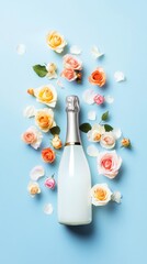 Celebrate spring with white champagne and colorful roses for a joyful party scene on a pastel blue surface