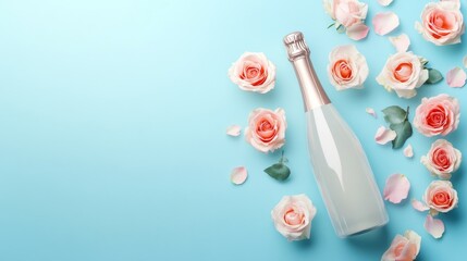 Celebrate with white champagne and colorful roses in spring against a pastel blue backdrop for a lively gathering setup