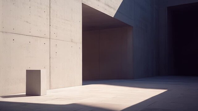 Abstract concrete building facade featuring simple brutalist design, stark geometric shapes, and a play of light and shadow creating a dynamic, modern, and empty space