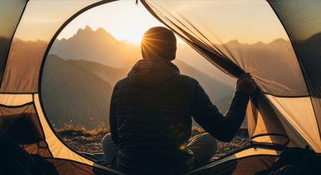 Serene Camping Experience at Sunrise in Mountain Landscape View