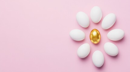 Daisy flower shape made of white eggs and one golden egg on a pastel pink background showing a creative layout