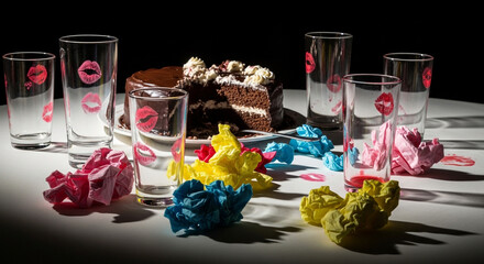 Vibrant party scene with lipstick glasses and colorful crumpled paper