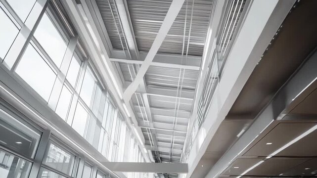 Modern industrial building with expansive glass walls and exposed steel ceiling structure, creating a bright, contemporary interior of clean lines, geometric patterns, and open space