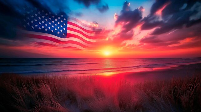 usa flag at sunset.