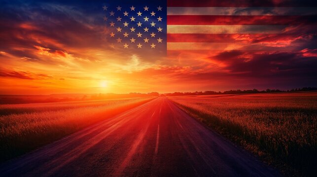 usa flag at sunset.