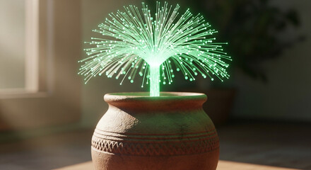 Glowing green fiber optic tree in decorative clay pot on table indoors