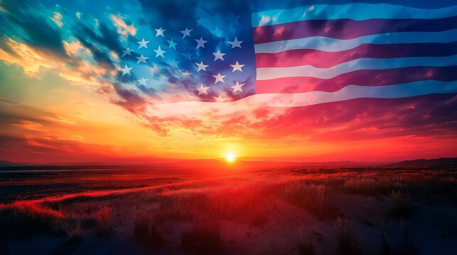 usa flag at sunset.