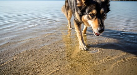 Energetic Tri-Color Dog Walking in Shallow Water on Sandy Shore
