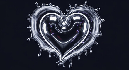 Shiny liquid heart symbol with molten effect on black background