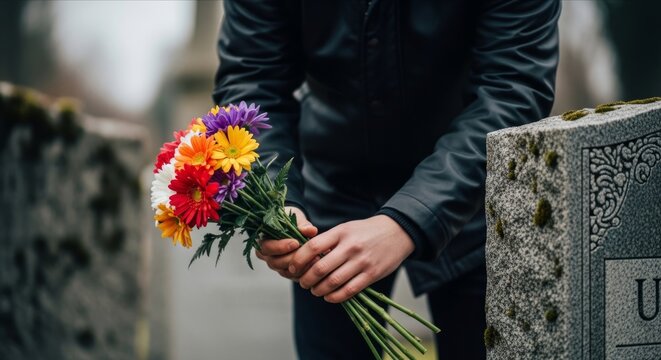 Person Placing Colorful Flowers on Grave at Cemetery Remembrance