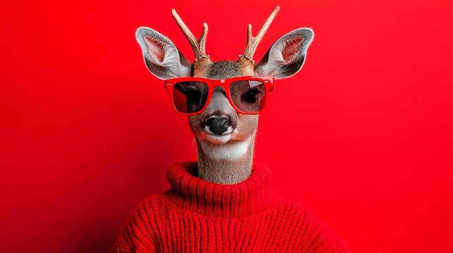 Funny reindeer in sunglasses wearing a red sweater on a red background