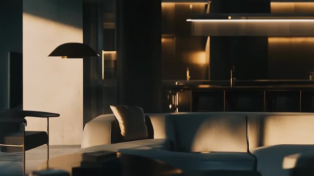 Contemporary residential interior featuring minimalist furniture, subtle lighting, and warm sunlight creating a sophisticated and comfortable home environment
