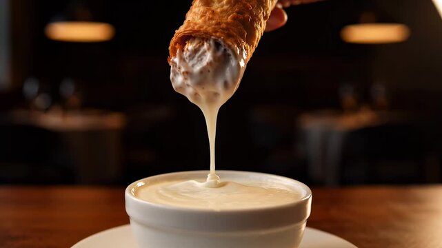 Crispy flauta dipped in creamy sauce with droplets falling