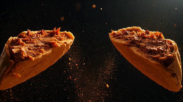 Tlayuda cracking in mid-air with crumbs flying, food explosion effect