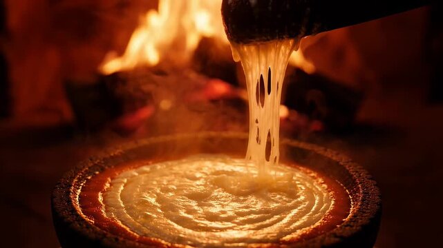 Melted cheese in molcajete with steam rising from fire