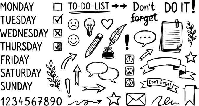 Hand-drawn collection of black and white planner elements including days of the week, icons, and organizational symbols provides versatile graphic resources for journaling and scheduling.