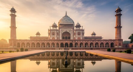 Fototapeta premium Majestic mughal architecture mosque with intricate details and reflecting pool at sunrise with two tall minarets and central dome surrounded by smaller domes and arches