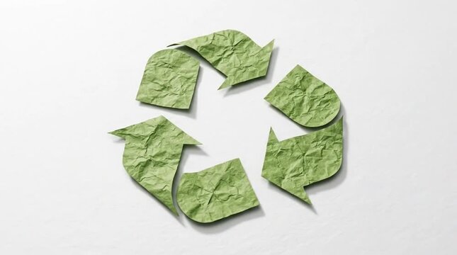 Eco-Friendly Recycling Symbol Crafted from Crumpled Green Paper on a Clean White Background, Representing Sustainability and Environmental Conserva...