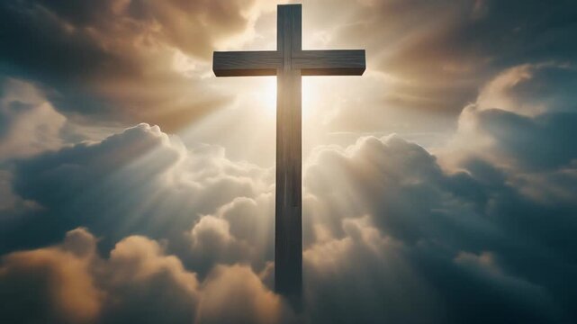 Christian Cross in Heavenly Clouds with Glowing Light Rays