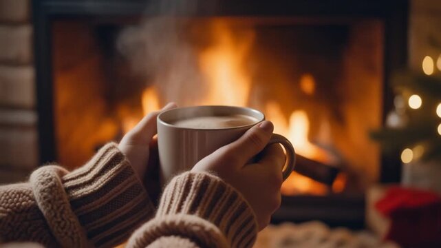 Hands holding a steaming mug by a warm fireplace on a cozy winter evening