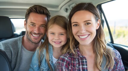 Obraz premium Happy caucasian family on road trip journey in car interior.