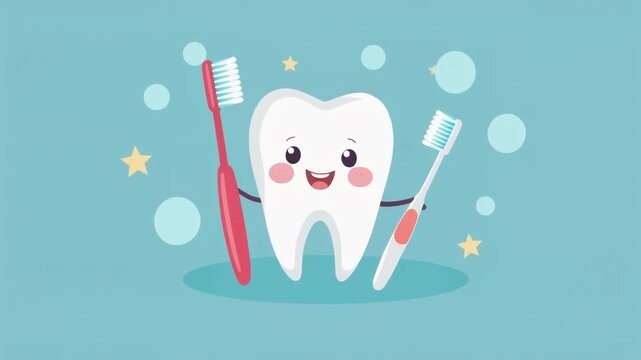 Cute Cartoon Happy Tooth with Two Toothbrushes - Dental Health and Oral Hygiene Concept