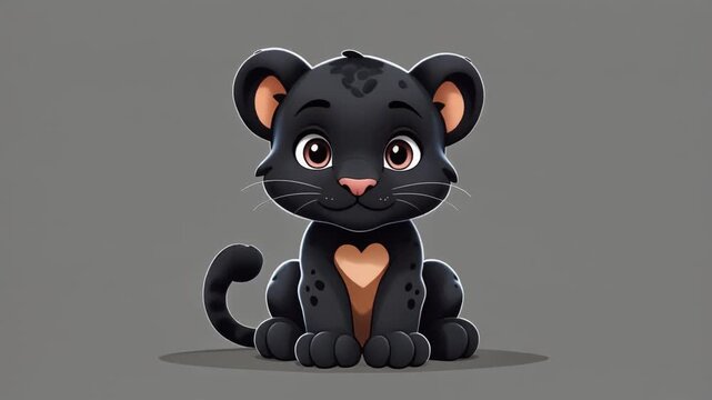 Cute Cartoon Black Panther Cub Sitting with Heart on Chest Illustration