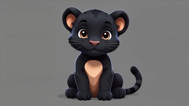 Cute Cartoon Black Panther Cub Sitting on Grey Background with Big Expressive Eyes