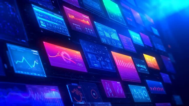 Financial data dashboard with glowing graphs and charts. Panning shot of digital interface.