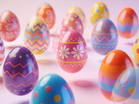 Glossy, brightly colored Easter eggs with intricate patterns floating in a soft pastel studio space; the camera begins with a smooth wide tracking shot weaving