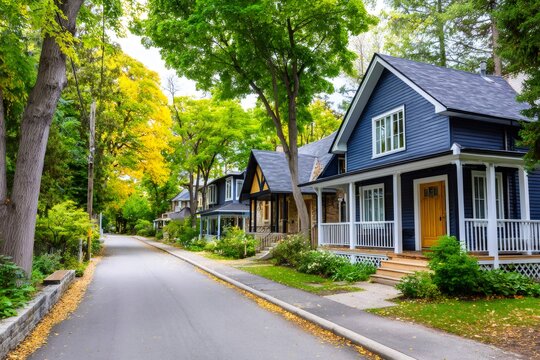 Suburban neighborhood street with traditional homes and green trees