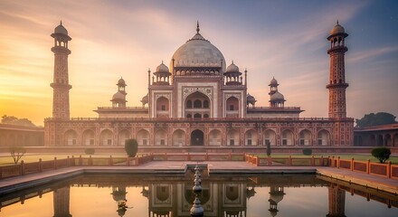 Obraz premium Majestic historical monument with intricate architecture and serene surroundings at sunrise or sunset with perfectly reflected image in water creating a breathtaking scene.