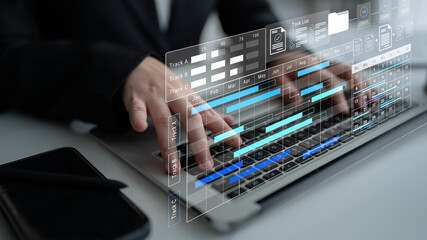 A business professional using a laptop with digital data visualization for effective project...